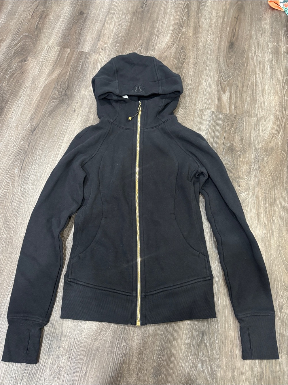 lululemon Women’s Black Hooded Zip Jacket with Gold Zipper